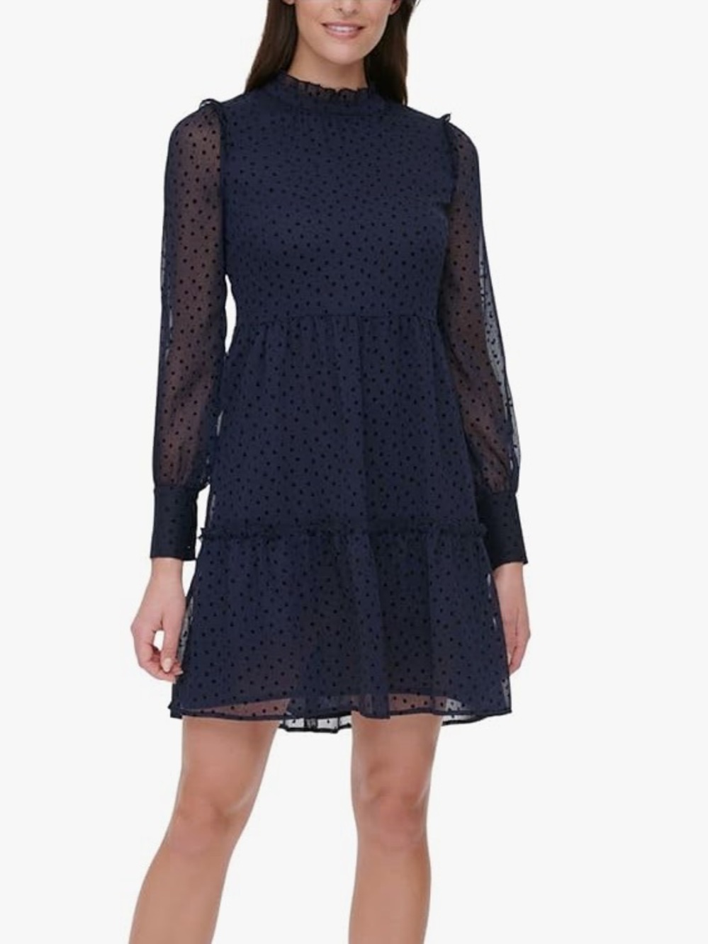 Tommy Hilfiger Navy Swiss Dot Sheer Sleeve Tiered Ruffle Women's Dress 8